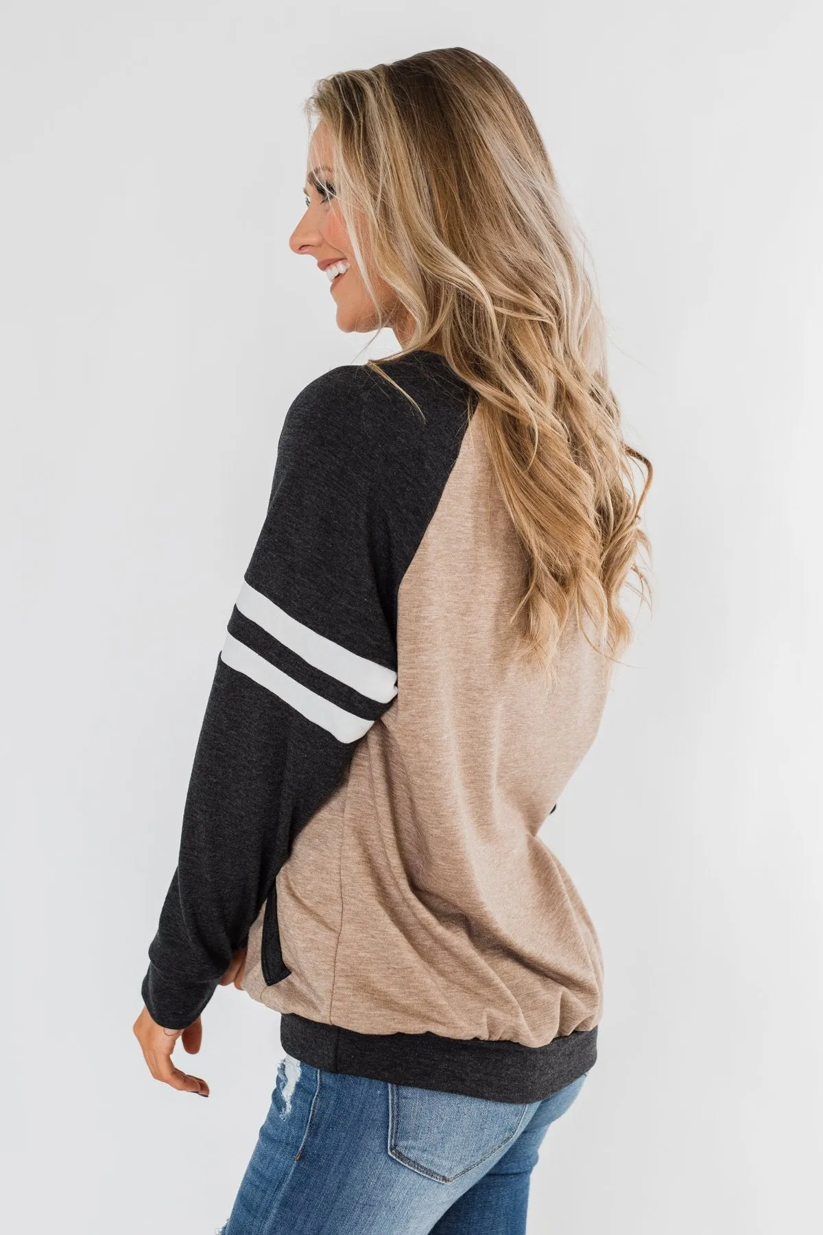 Just Being Me Raglan Top- Charcoal & Mocha