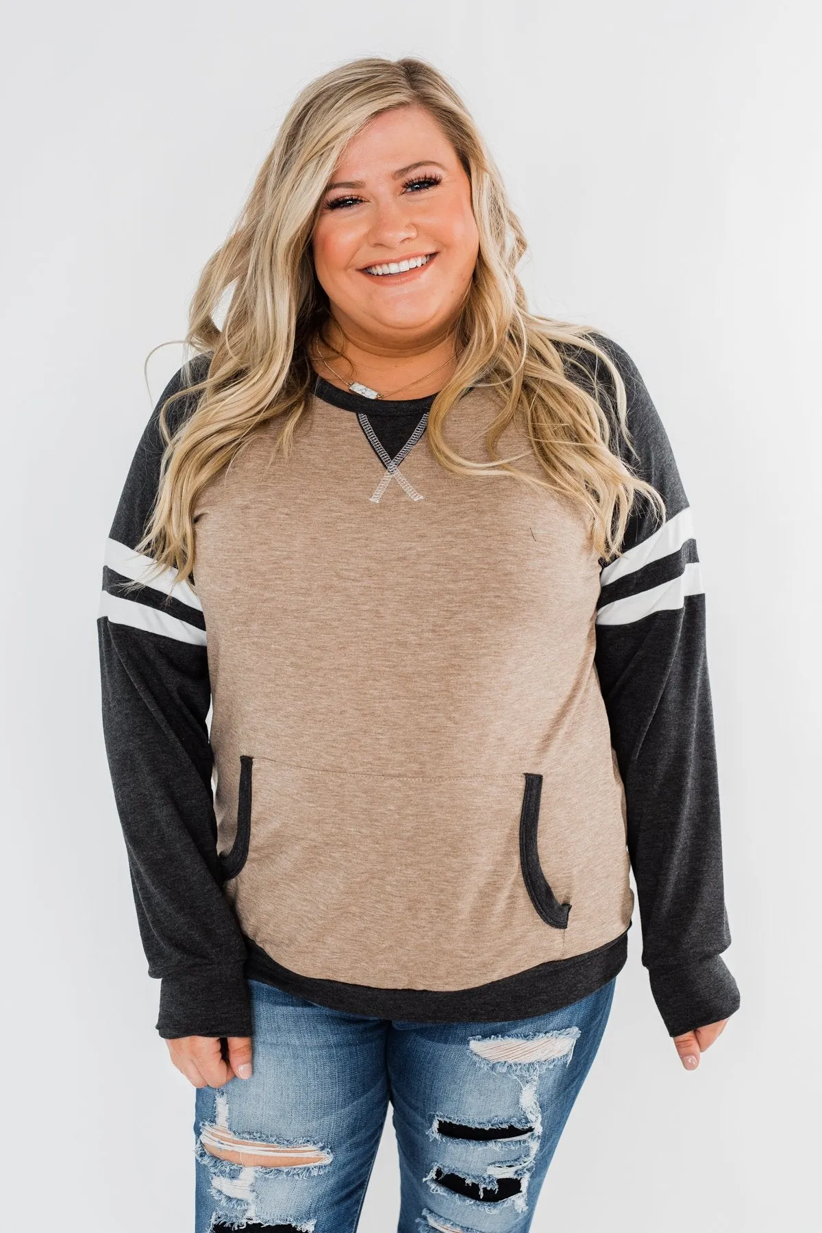 Just Being Me Raglan Top- Charcoal & Mocha