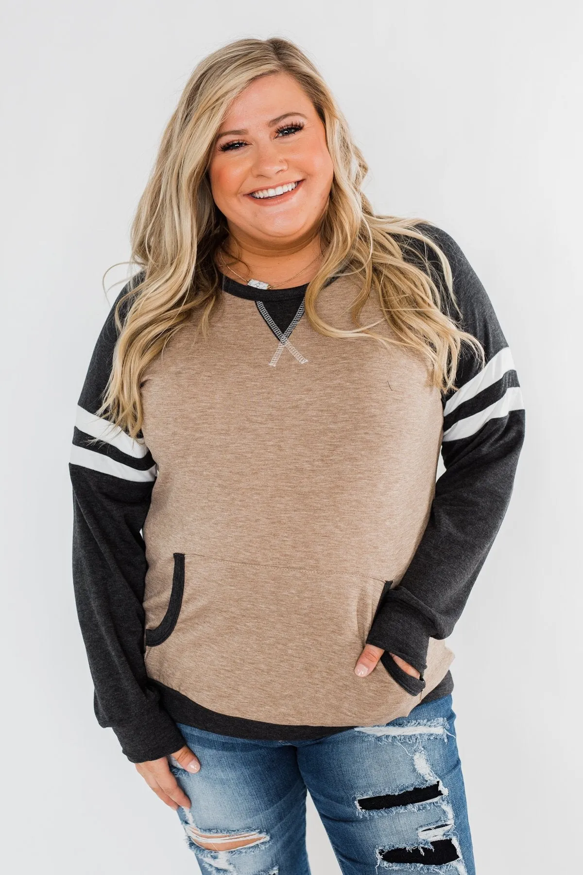 Just Being Me Raglan Top- Charcoal & Mocha