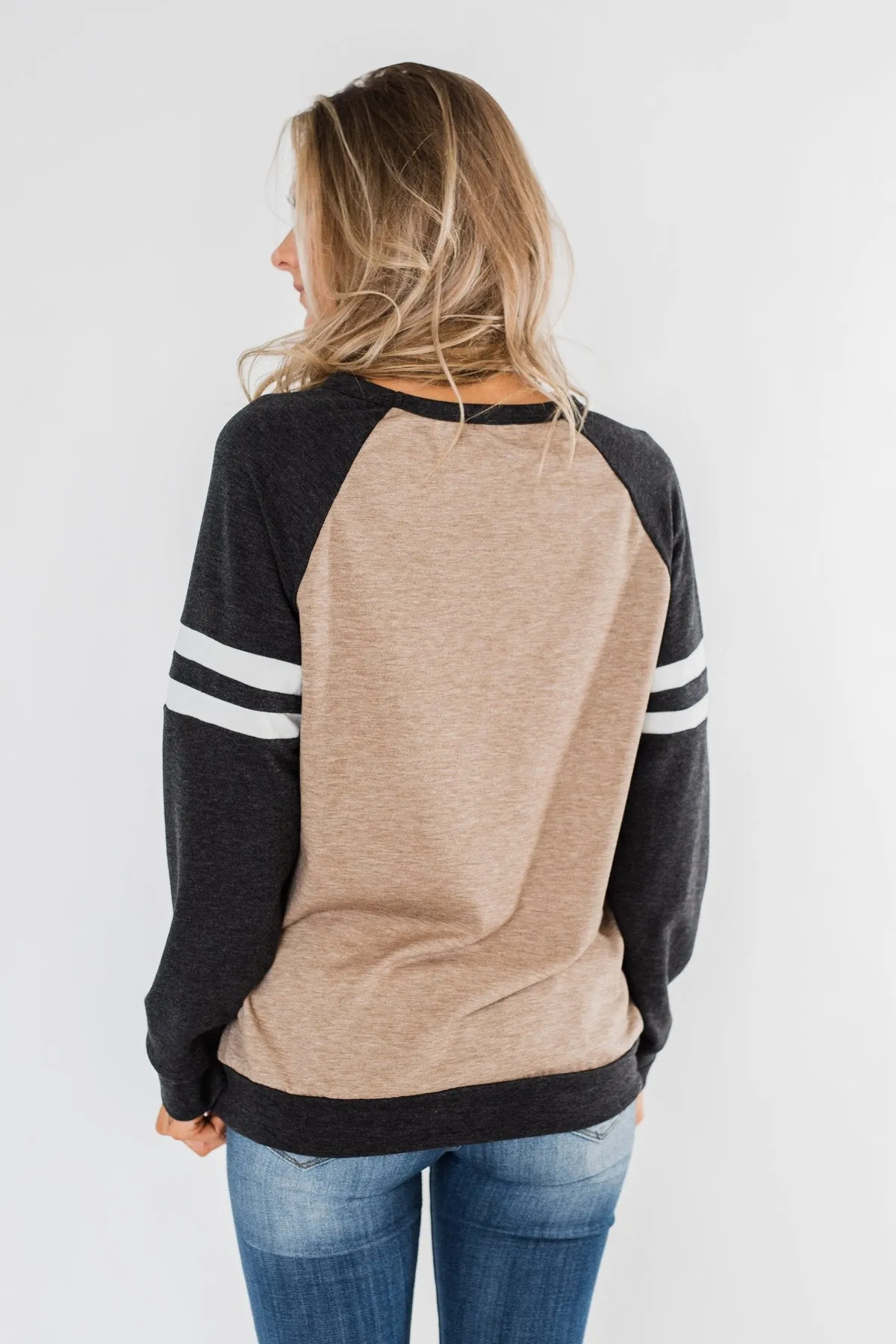 Just Being Me Raglan Top- Charcoal & Mocha