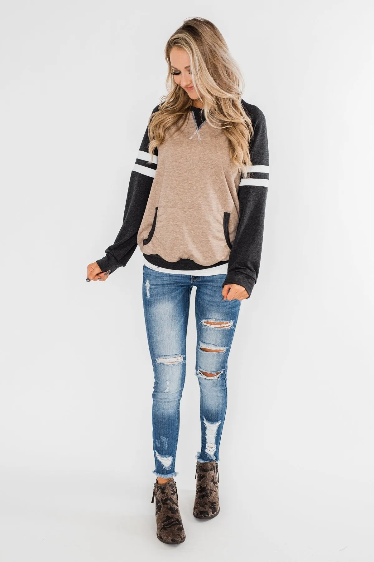 Just Being Me Raglan Top- Charcoal & Mocha