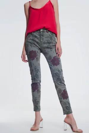 khaki boyfriend jeans with floral print