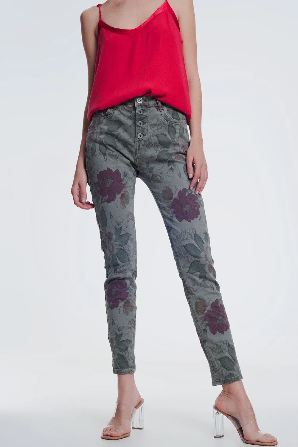 khaki boyfriend jeans with floral print