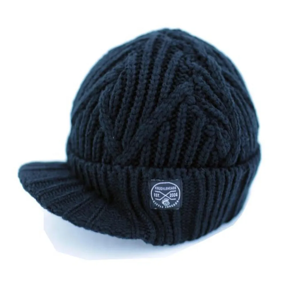 Knuckleheads Black Boy's Baby Visor Beanie Hat with Stripes Detail, Black Cable Knit
