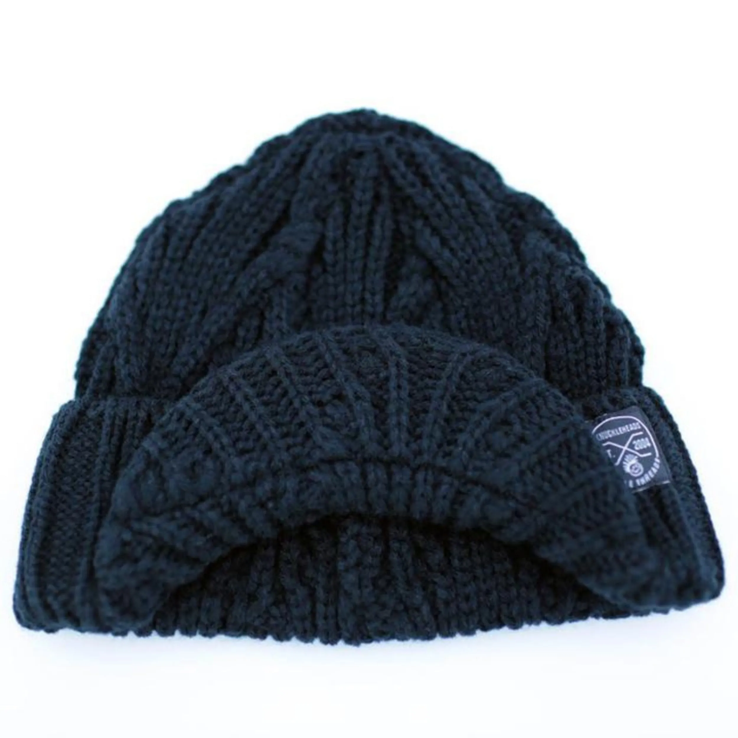 Knuckleheads Black Boy's Baby Visor Beanie Hat with Stripes Detail, Black Cable Knit