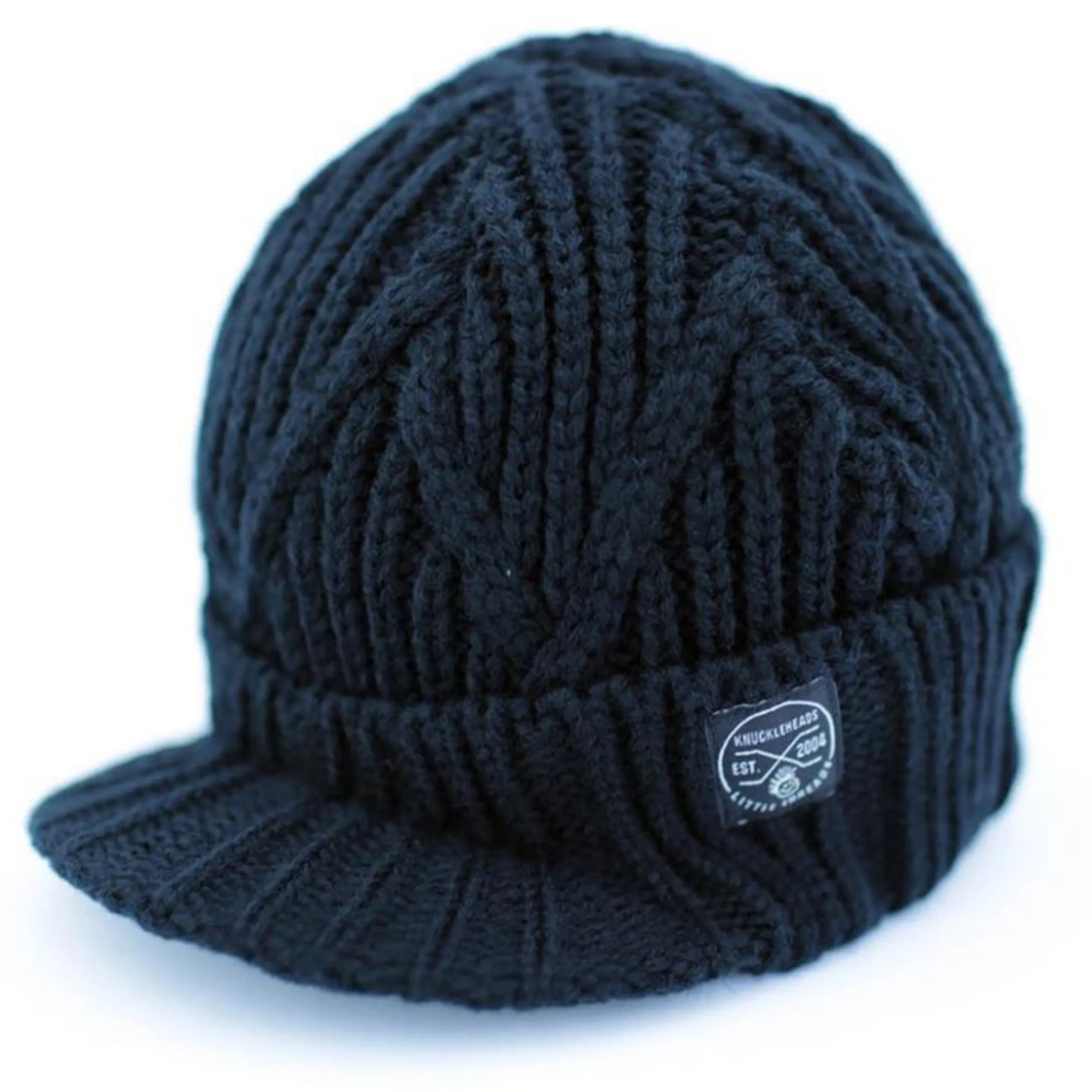 Knuckleheads Black Boy's Baby Visor Beanie Hat with Stripes Detail, Black Cable Knit