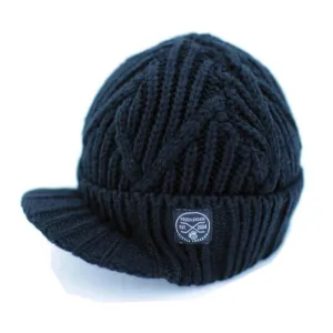 Knuckleheads Black Boy's Baby Visor Beanie Hat with Stripes Detail, Black Cable Knit