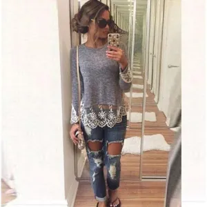Lace Blouse Long Sleeve Shirt Women Ladies Tops Women Blouses