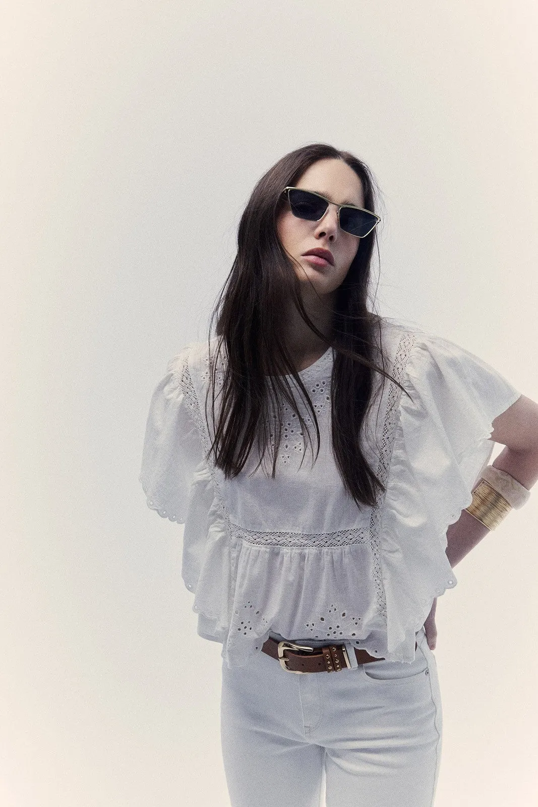 Lace butterfly sleeve blouse - White