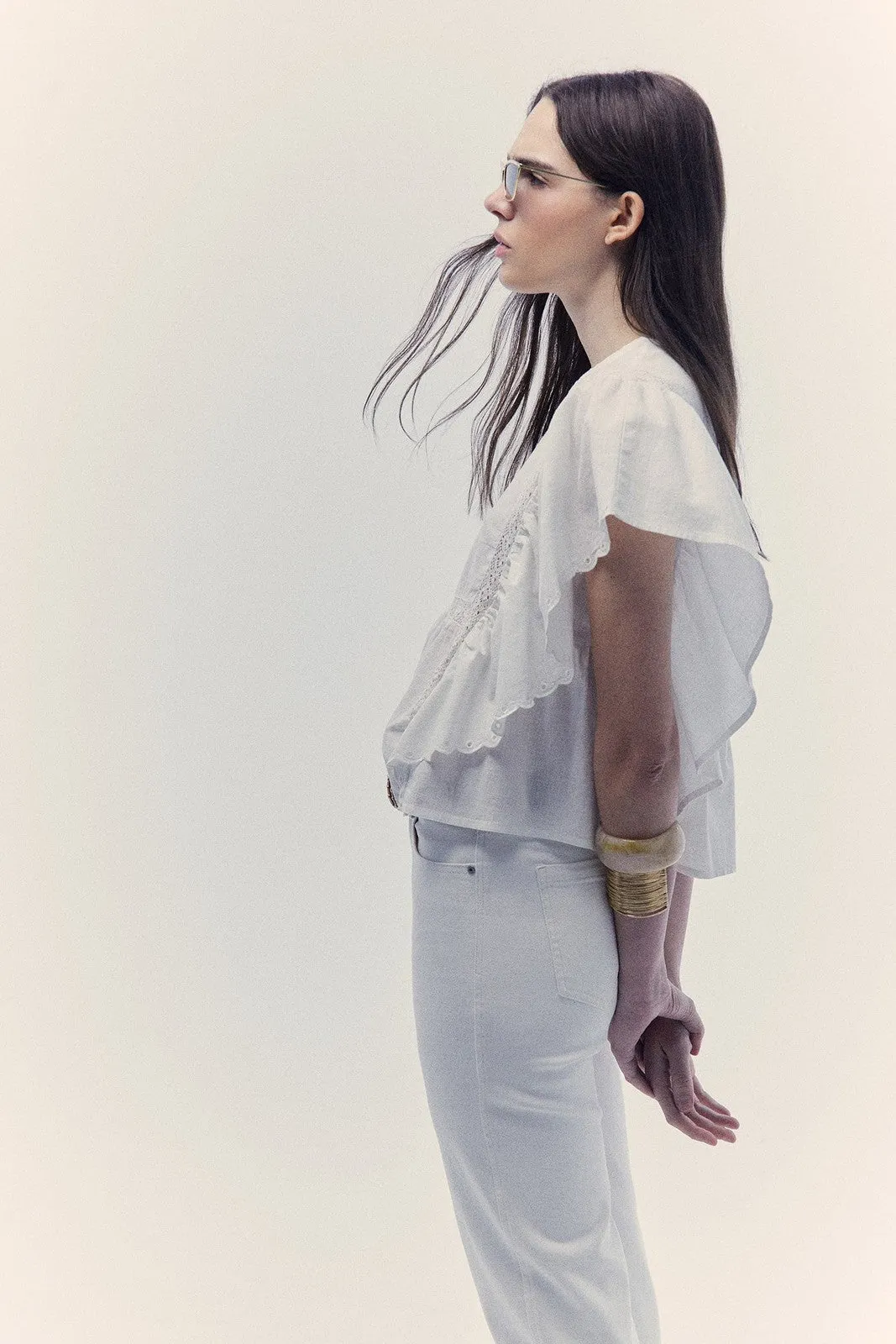 Lace butterfly sleeve blouse - White
