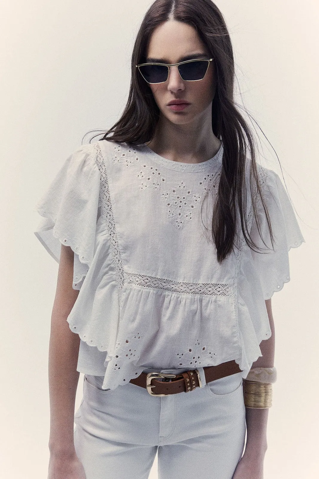 Lace butterfly sleeve blouse - White