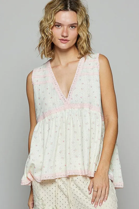 Lace Floral V-Neck Sleeveless Top | Casual Summer Style in Cream
