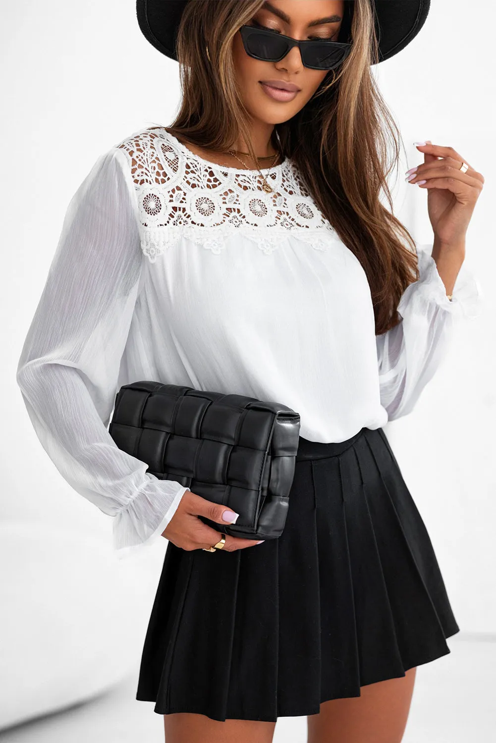 Lace Patch Sheer Flounce Blouse