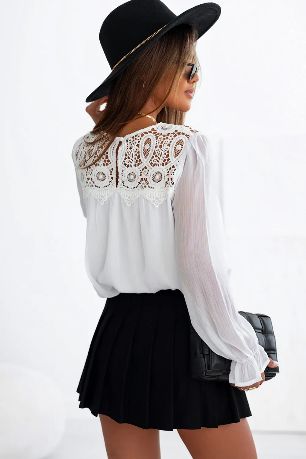 Lace Patch Sheer Flounce Blouse