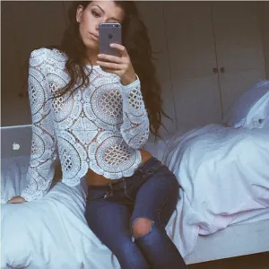 Lace Top Women Blouses White Crochet Shirt Women Tops Sheer Plus Size Blouse Women's Shirt