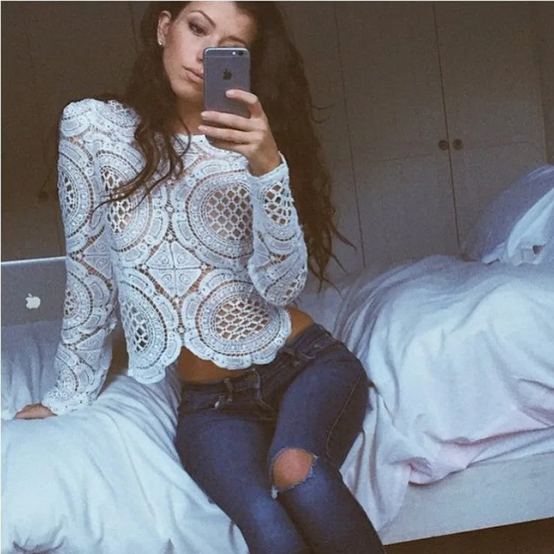 Lace Top Women Blouses White Crochet Shirt Women Tops Sheer Plus Size Blouse Women's Shirt