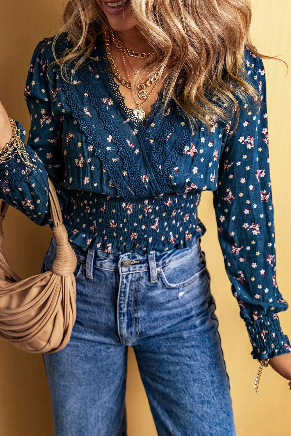 Lace Trim Floral Smocked Blouse