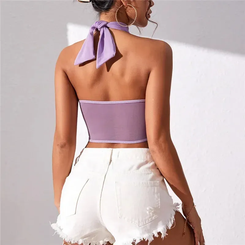Lace-up Sleeveless Backless Solid Color Stretch Mesh Fishbone Underwire Tank Tops