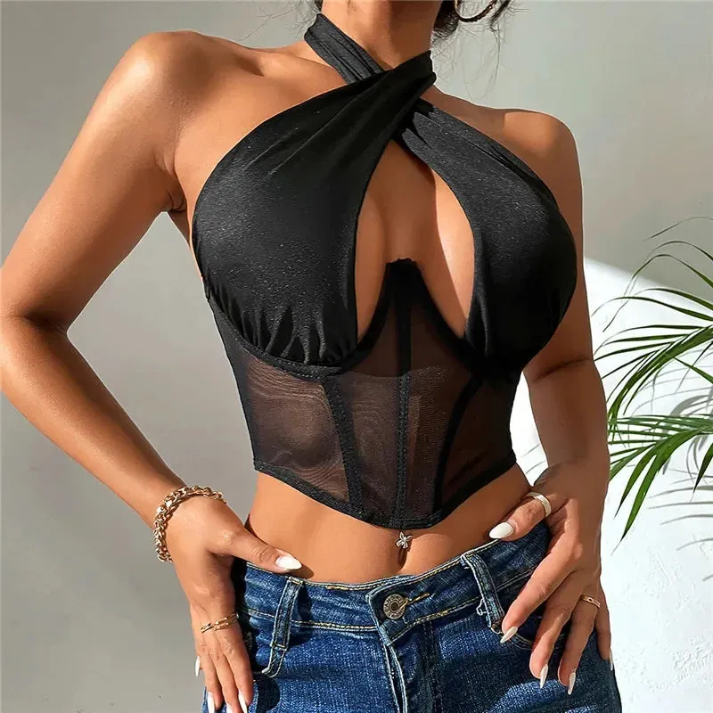 Lace-up Sleeveless Backless Solid Color Stretch Mesh Fishbone Underwire Tank Tops