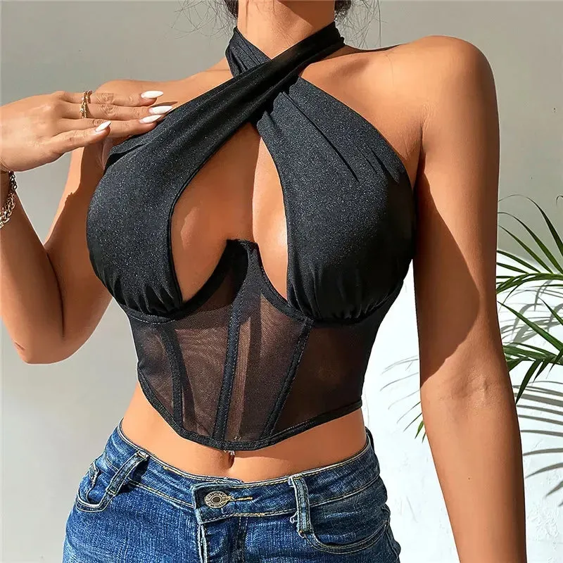 Lace-up Sleeveless Backless Solid Color Stretch Mesh Fishbone Underwire Tank Tops