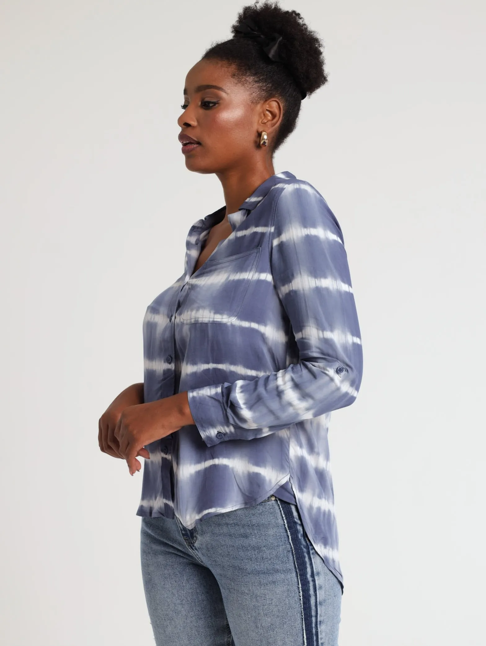 Ladies Long SLeeve Tie Dye Stripe Slouchy Shirt -Berry