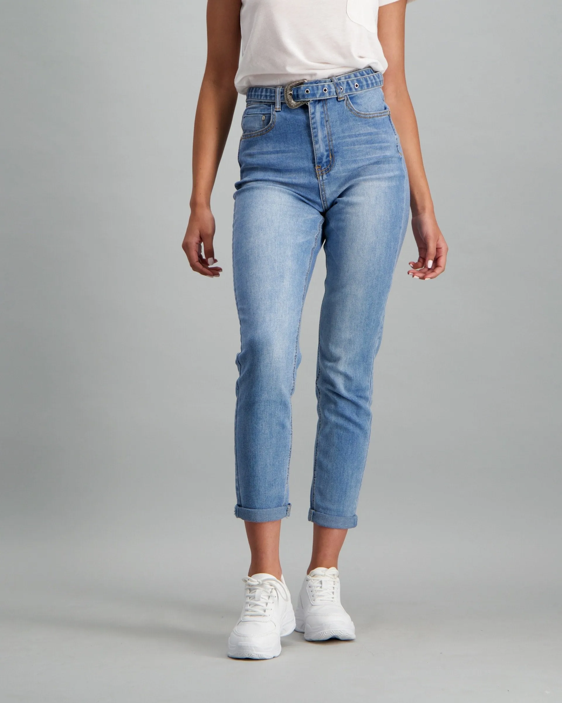 Ladies Mid Blue 80's Retro Belted Mom Jean