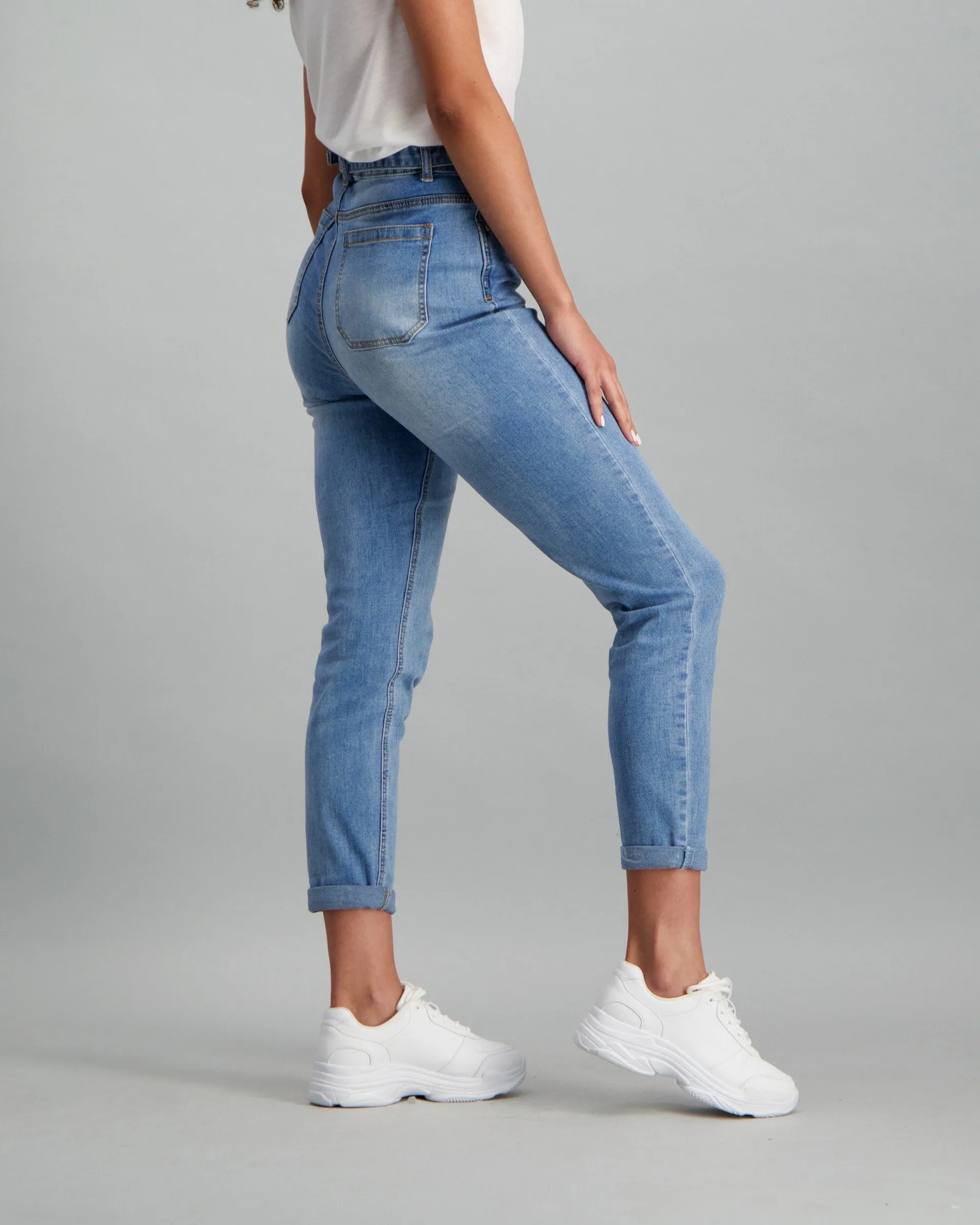 Ladies Mid Blue 80's Retro Belted Mom Jean