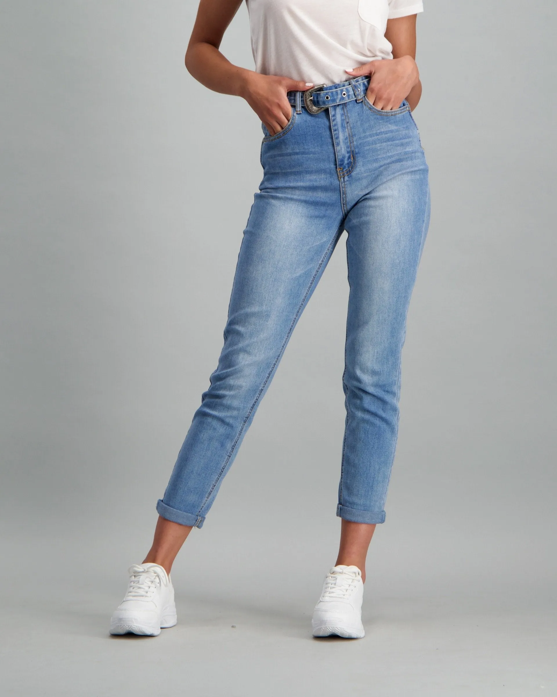 Ladies Mid Blue 80's Retro Belted Mom Jean
