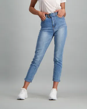 Ladies Mid Blue 80's Retro Belted Mom Jean