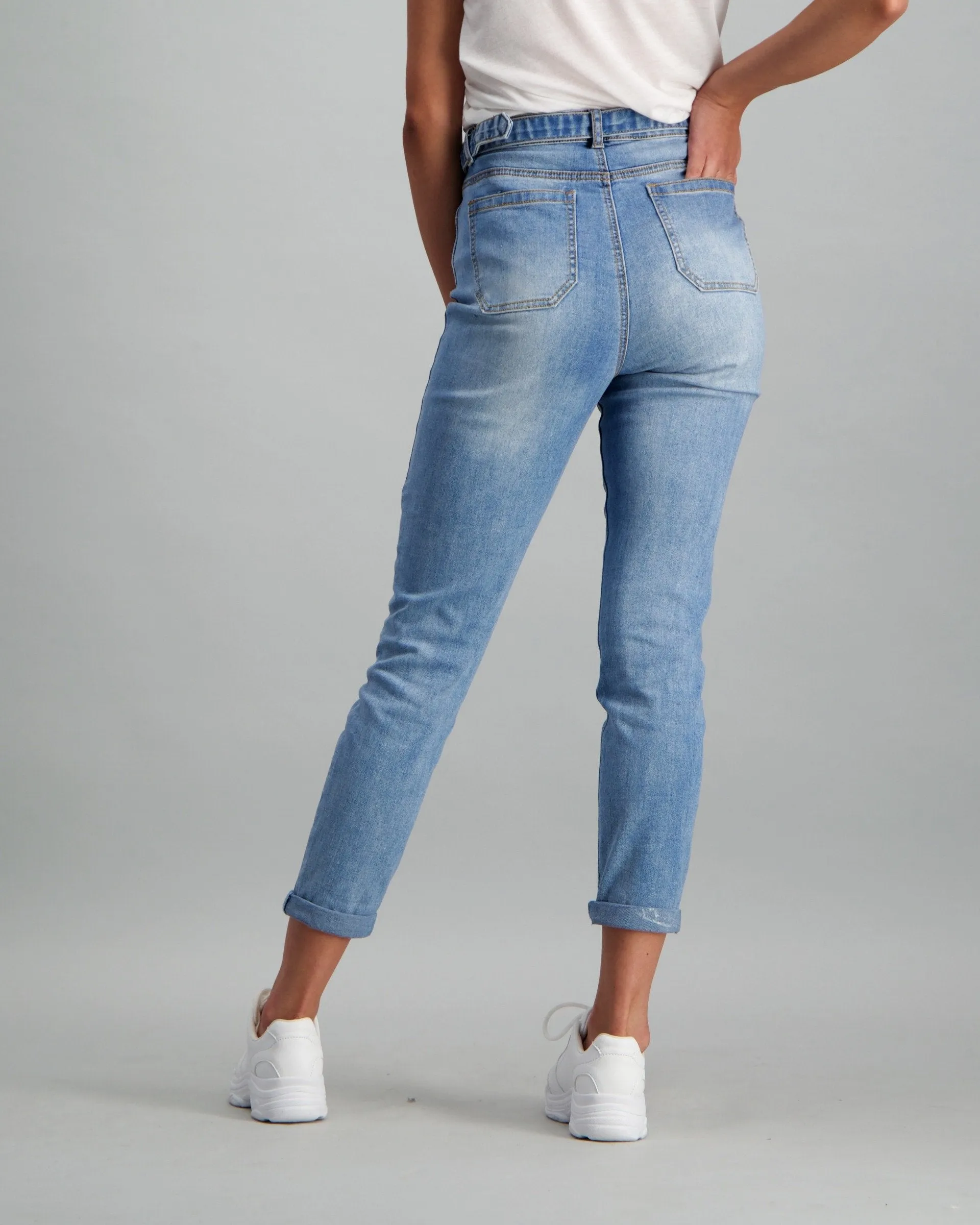 Ladies Mid Blue 80's Retro Belted Mom Jean