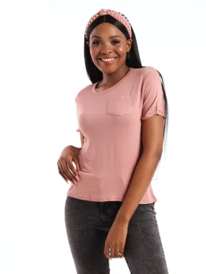Ladies Short Sleeve Drapey Pocket Tee - Blush