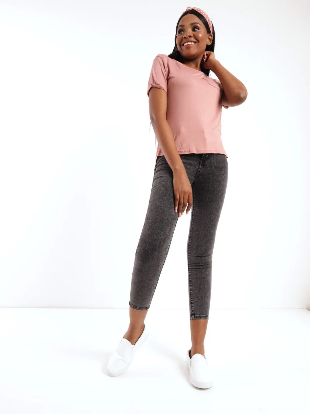 Ladies Short Sleeve Drapey Pocket Tee - Blush
