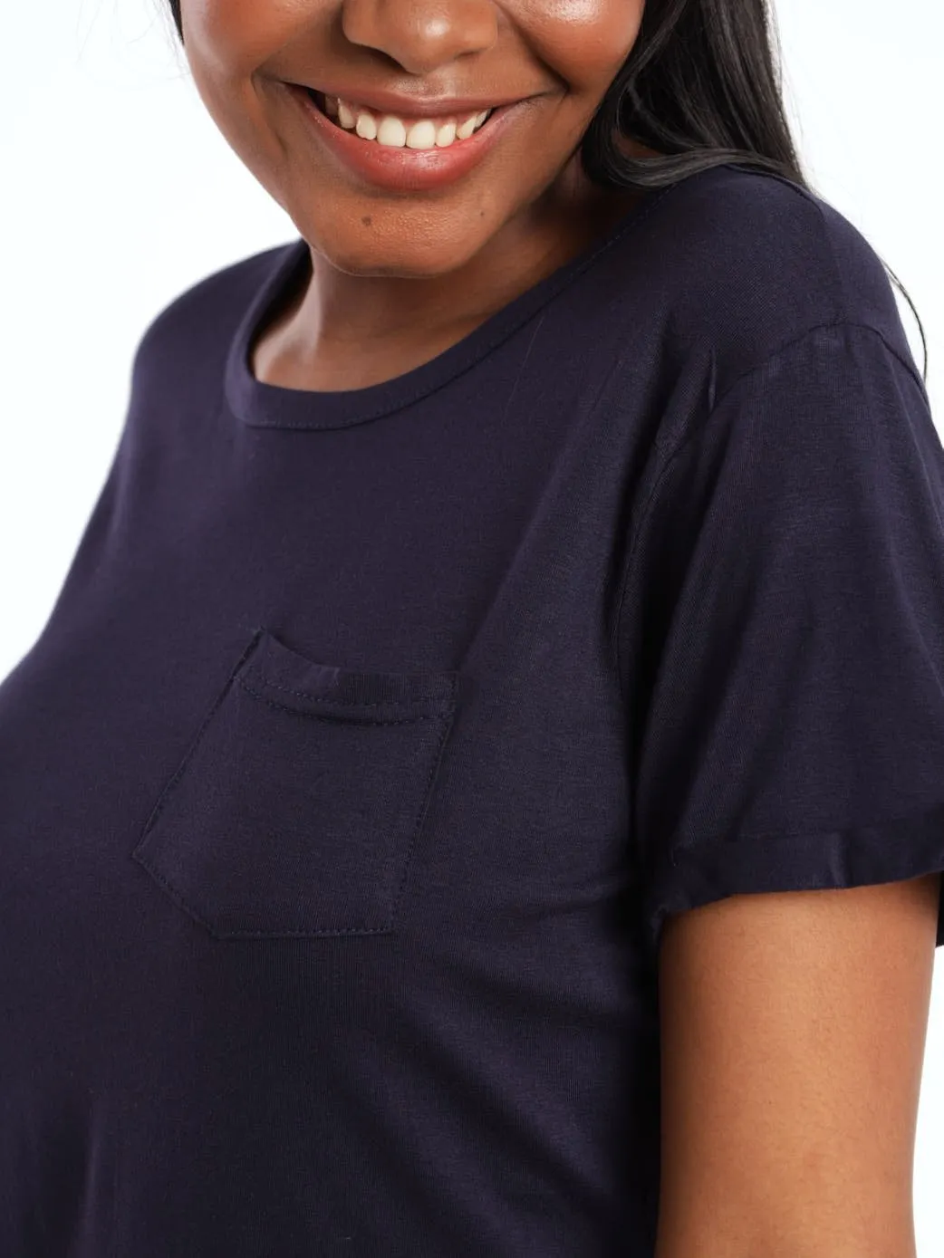 Ladies Short Sleeve Drapey Pocket Tee - Navy