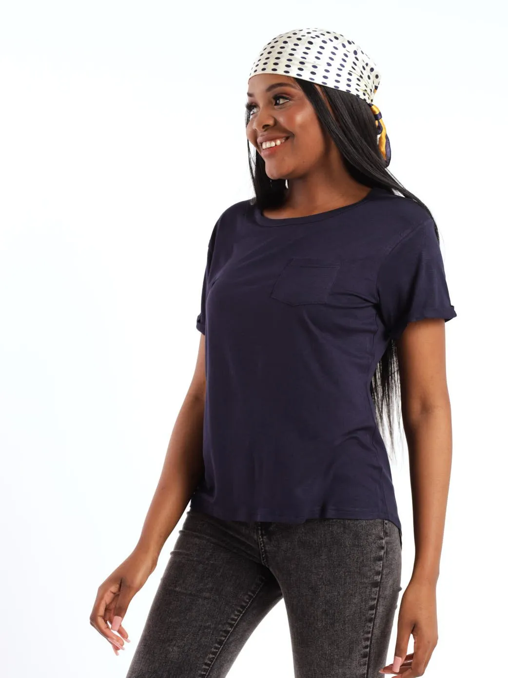 Ladies Short Sleeve Drapey Pocket Tee - Navy