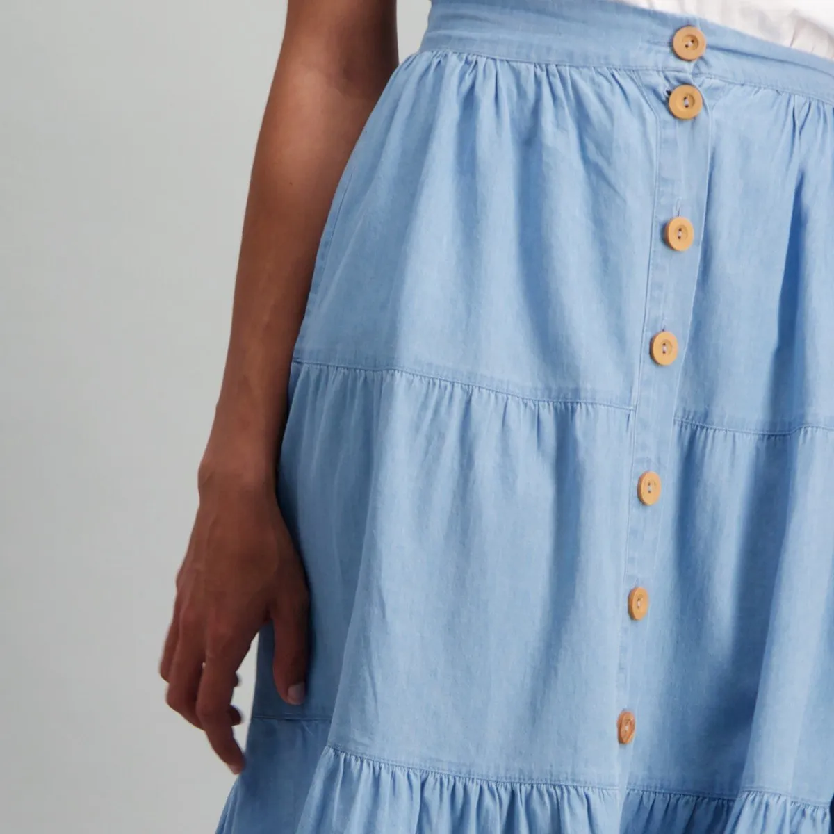 Ladies Tiered Denim Skirt - Bleach
