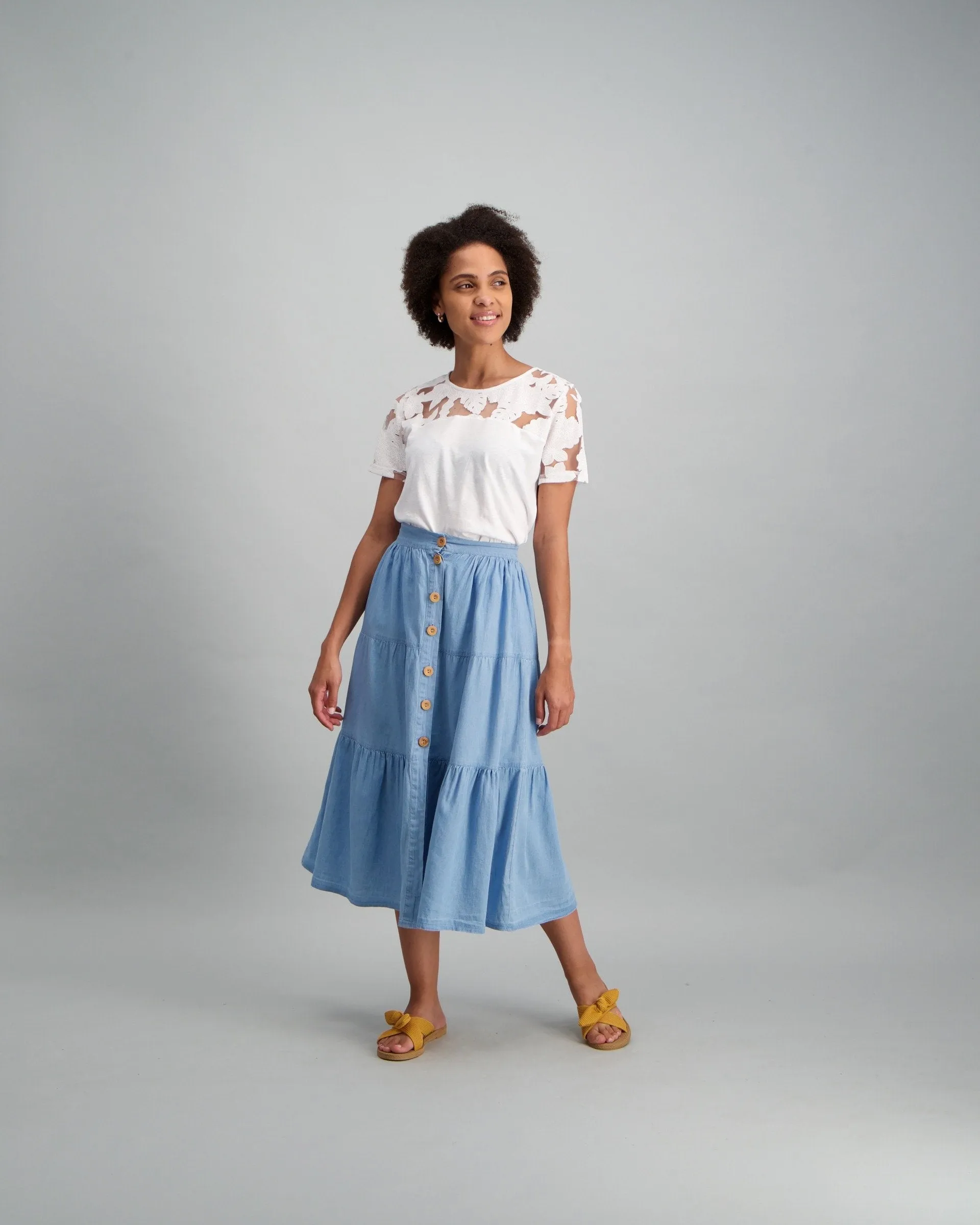 Ladies Tiered Denim Skirt - Bleach