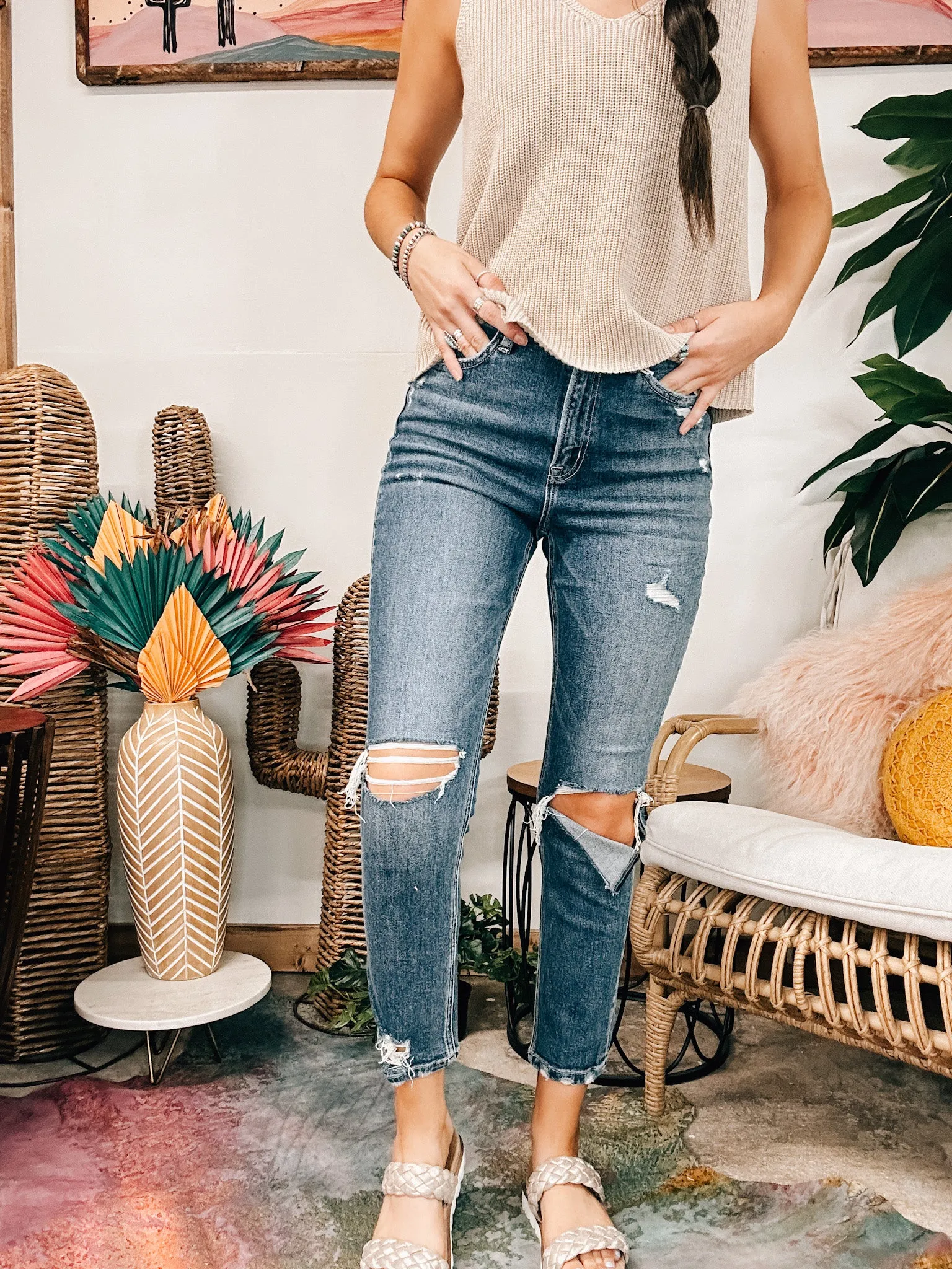 Last Night Distressed Stretch Mom Jeans