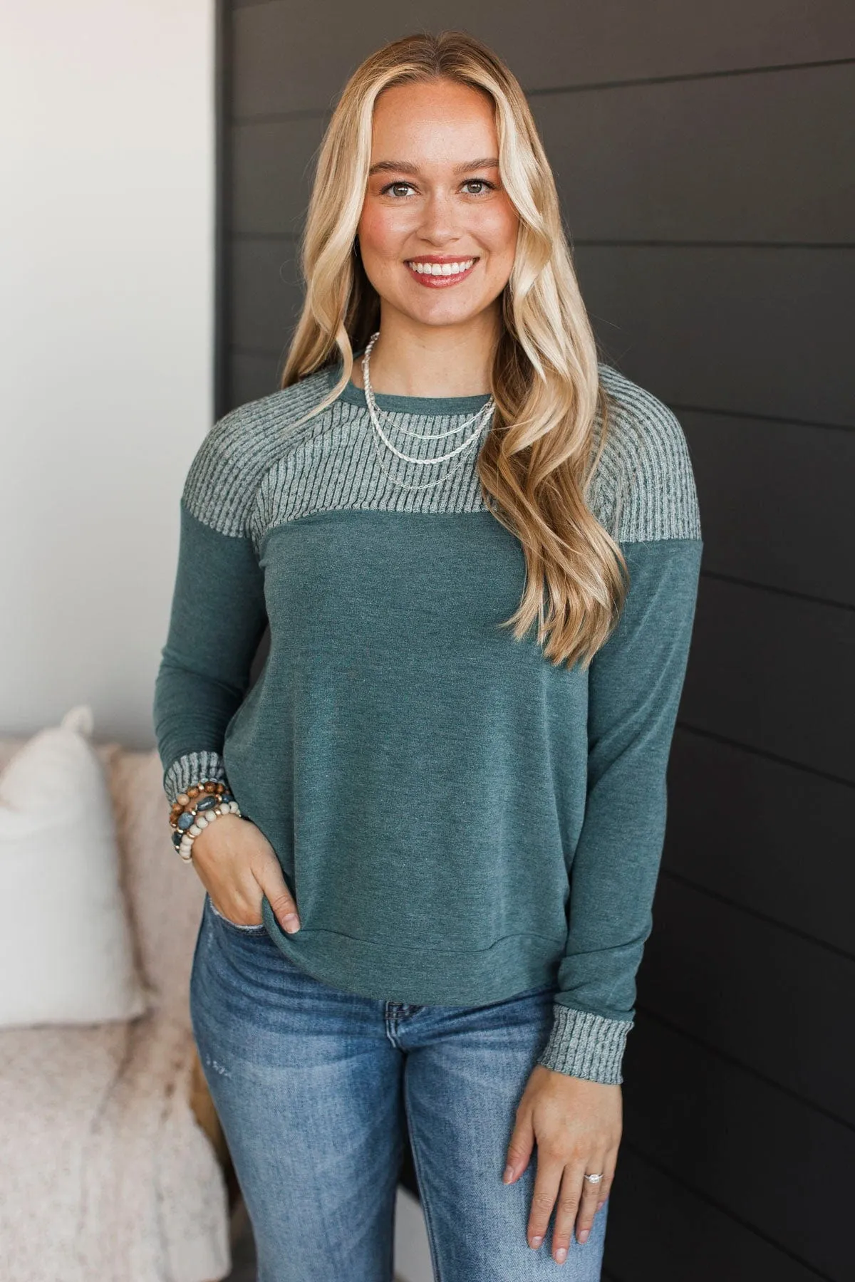 Laugh It Off Long Sleeve Top- Hunter Green