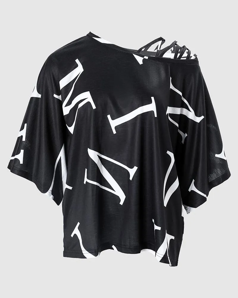 Letter Print Cold Shoulder Bell Sleeve Top