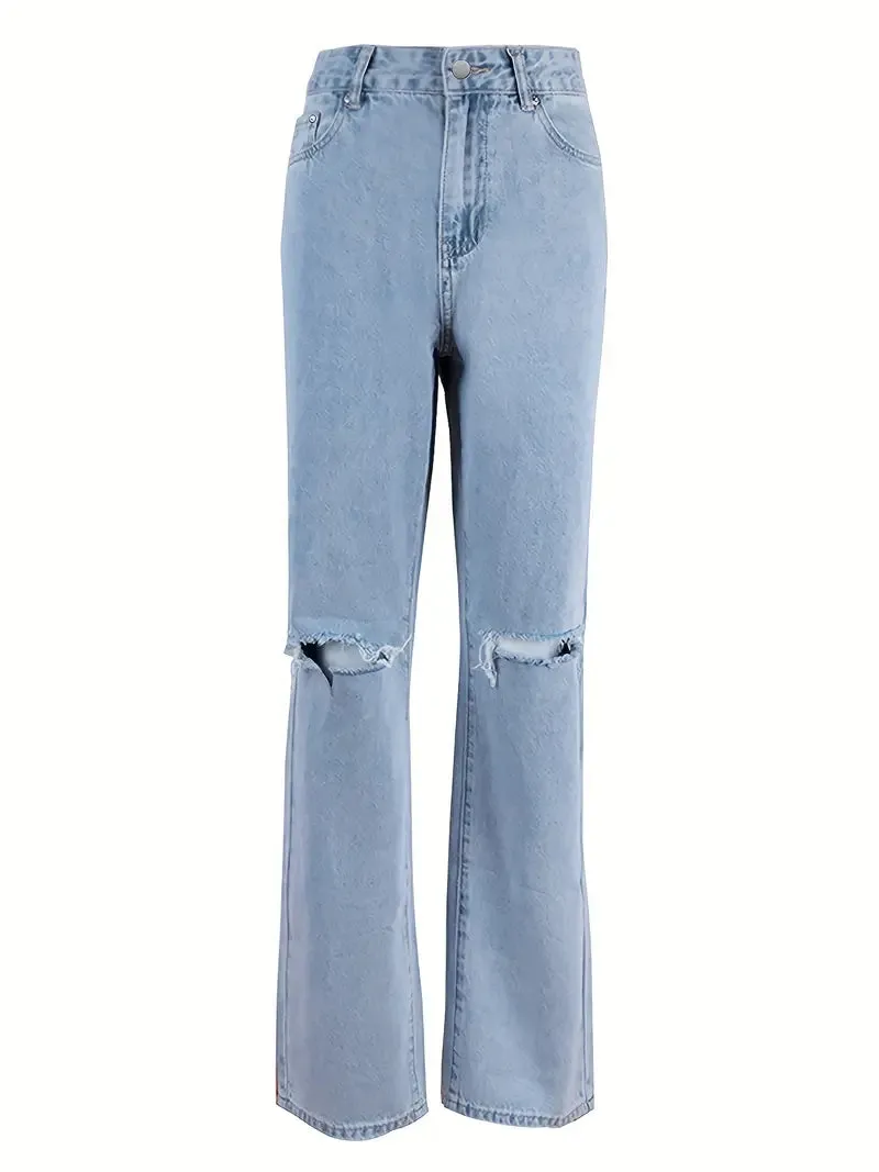 Light blue 2000s Y2k boyfriend jeans with ripped design
