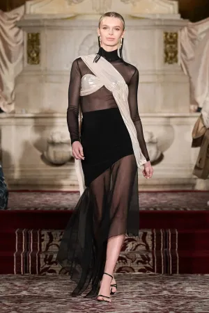 Long Sleeve Mesh Top with Iridescent Champagne Drape