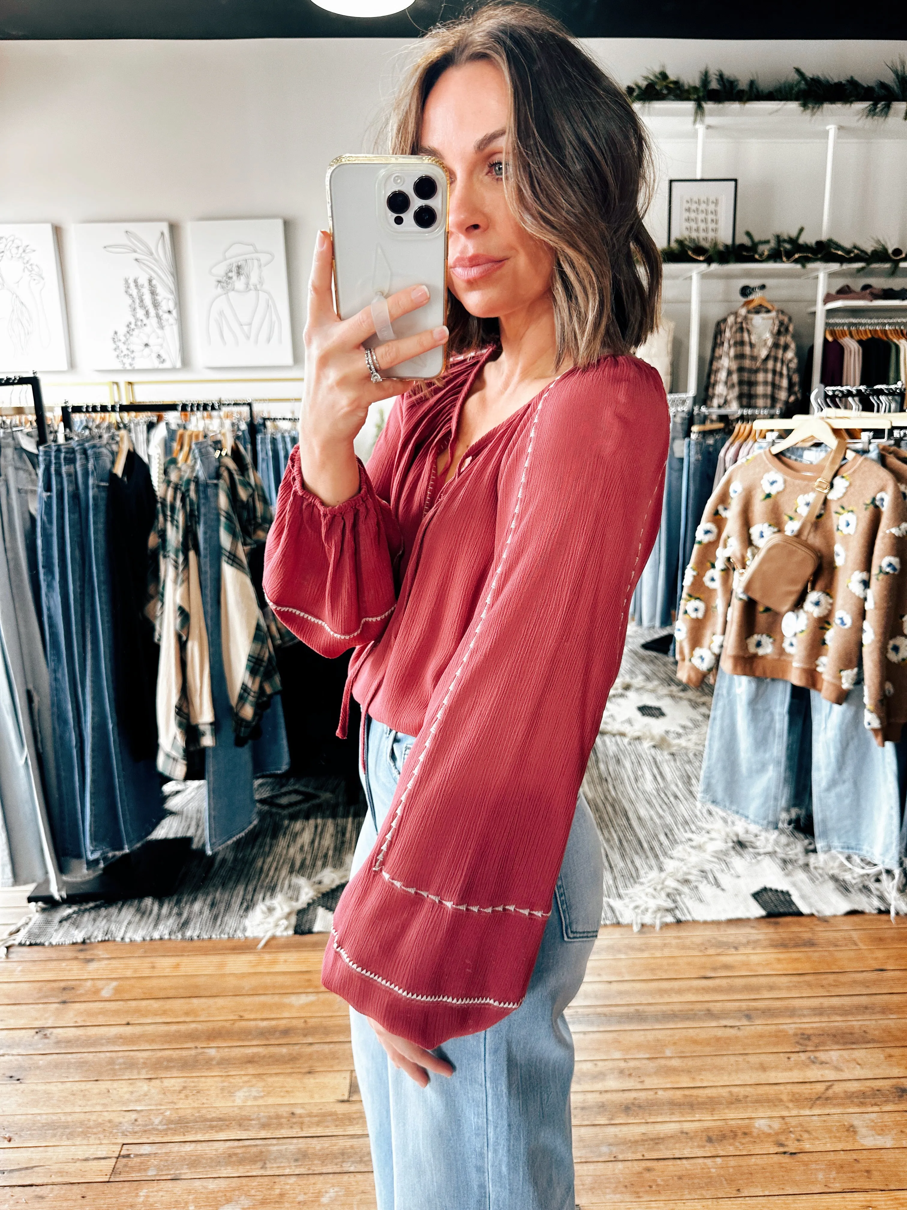 Long Sleeve Split Neck Raglan Blouse