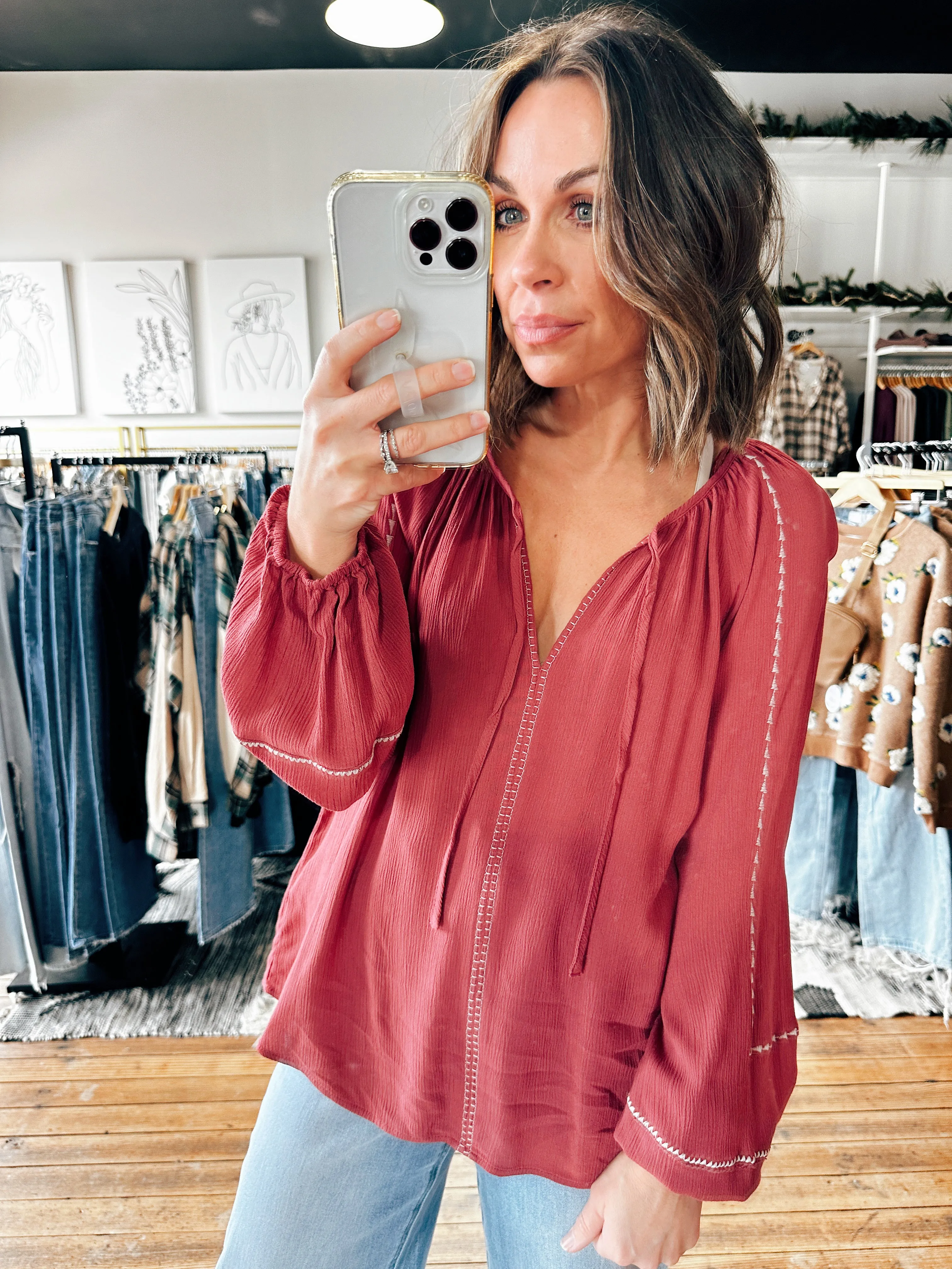 Long Sleeve Split Neck Raglan Blouse