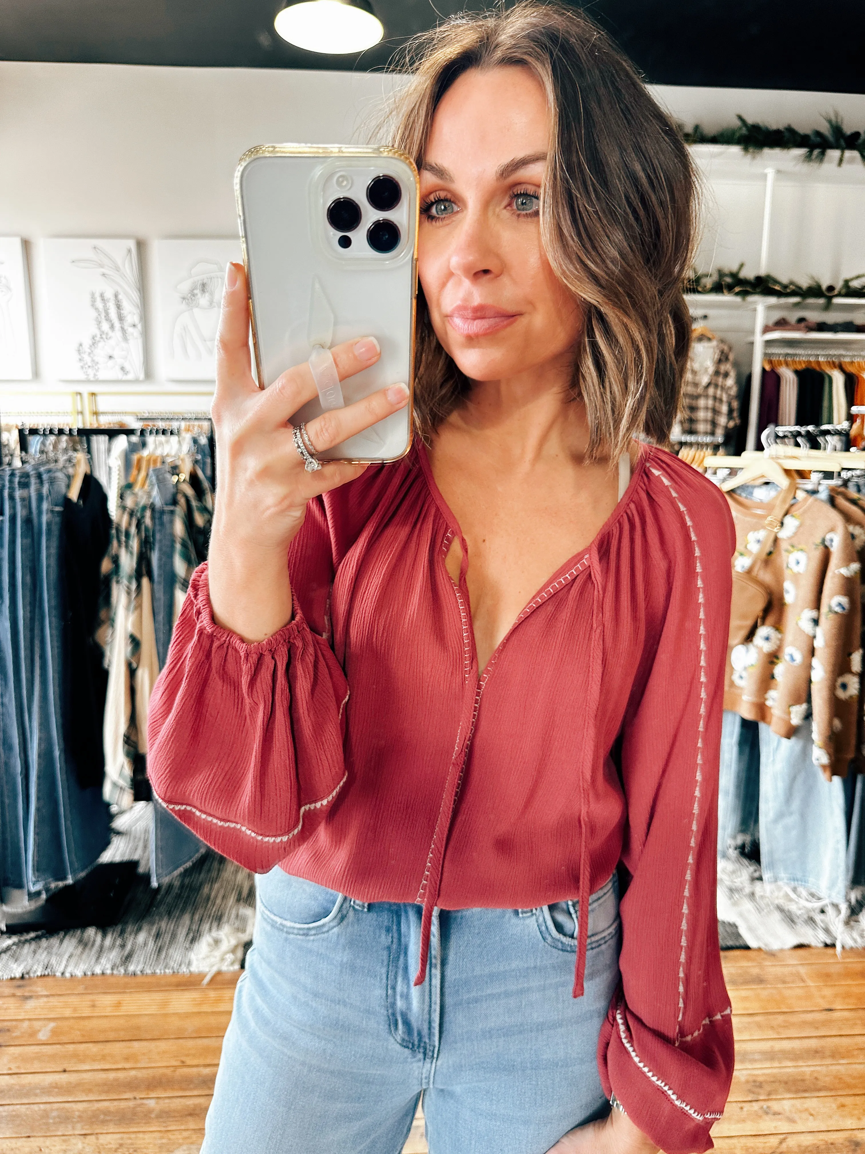 Long Sleeve Split Neck Raglan Blouse