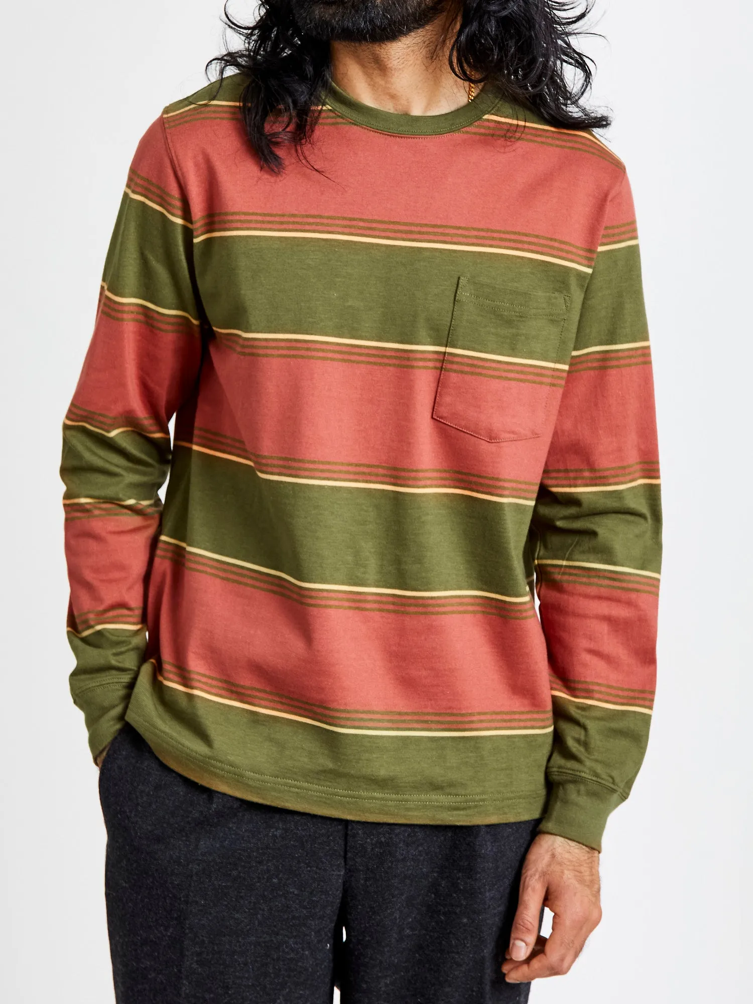 Long Sleeve Stripe Pocket T-Shirt in Olive