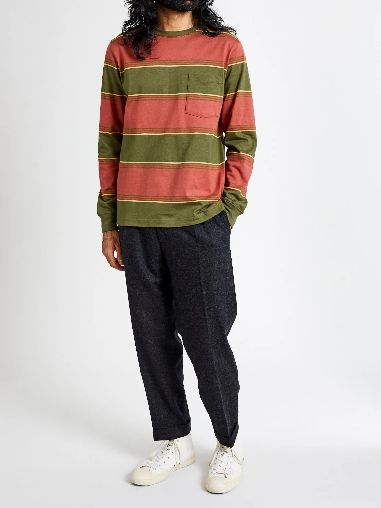 Long Sleeve Stripe Pocket T-Shirt in Olive