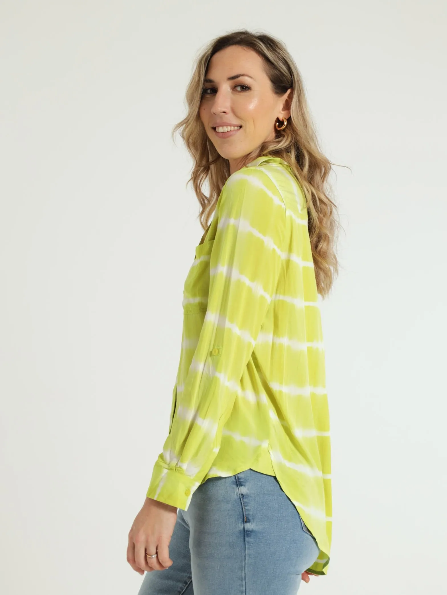 Long Sleeve Tie Dye Stripe Slouchy Shirt - Lime