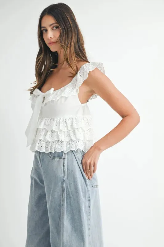 MABLE Eyelet Embroidered Front Tie Ruffle Top