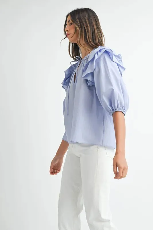 MABLE Stripe Ruffle Shoulder Puff Sleeve Blouse