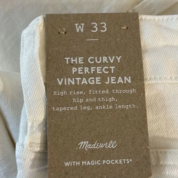 Madewell NWT Curvy Perfect Vintage Jeans Tapered Size 33 in Tile White